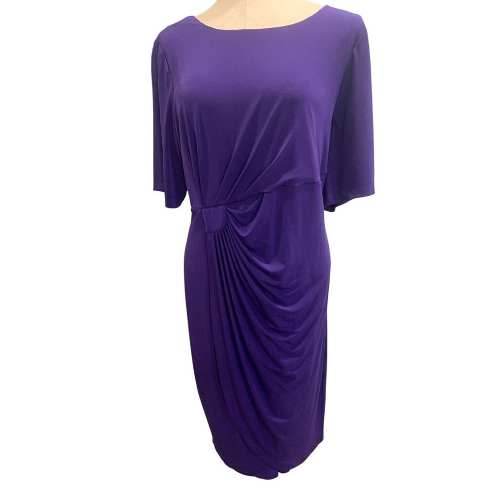 Size 16 Dressbarn Purple Stretch Dress Ruched Waist Short Sleeve